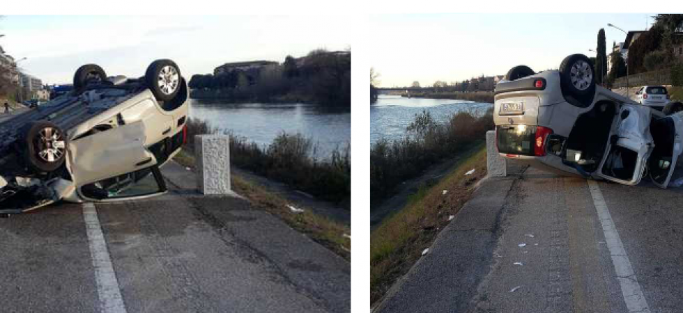 Si cappotta e rischia di finire nell'Adige dopo aver centrato un paracarro, grave incidente per due 70enni